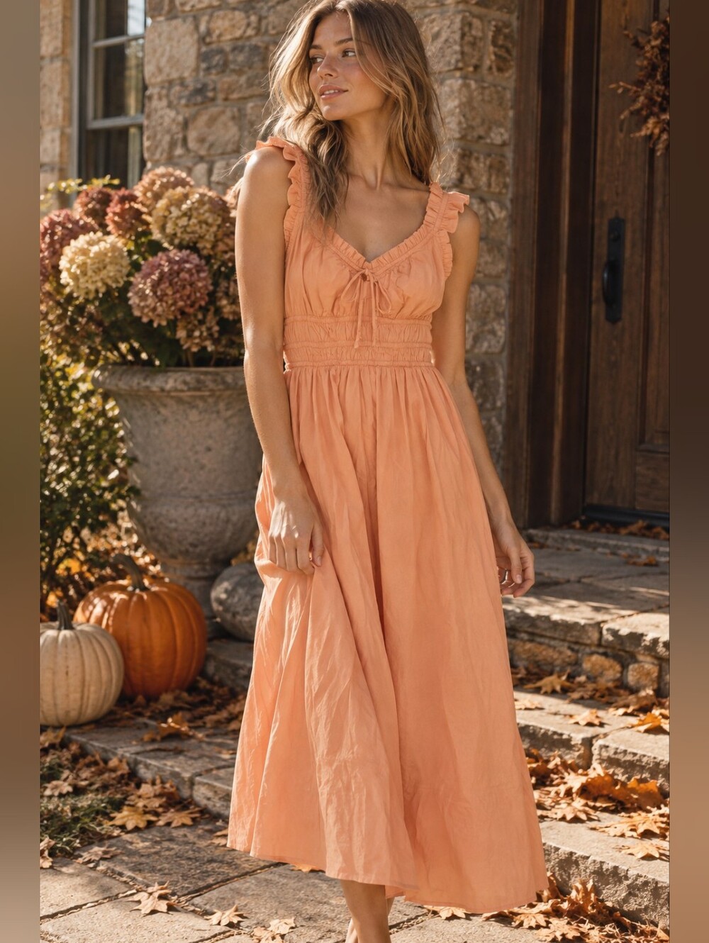 Old Navy Orange Peach Ruching 100% Cotton Midi Dress